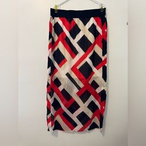 Ann Taylor Red and Black Asymmetrical Pencil Midi Skirt